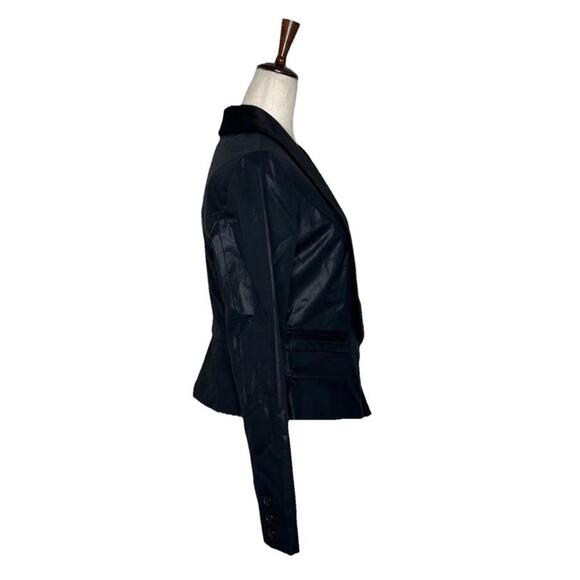 Guess Black Velvet Lapel Faux Leather Look Blazer Womens L Fitted Jacket Stretch - Picture 4 of 8